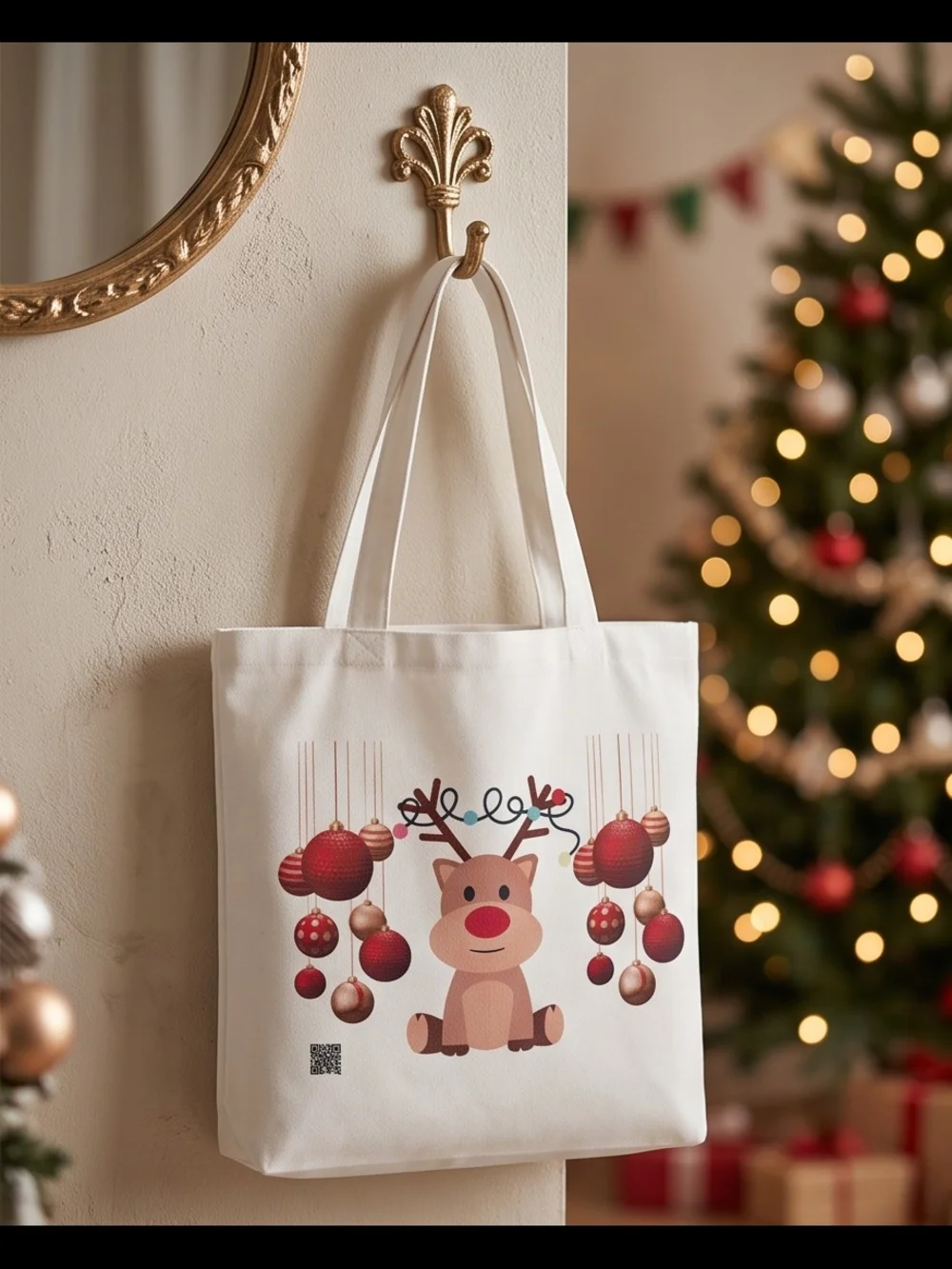 Canvas Holiday Reindeer Tote Bag  With Music When You Scan Qr On Bag,Cream